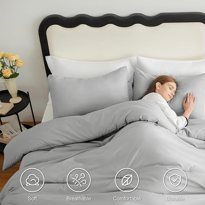 CozyLux King Size Comforter Set Light Grey, 3 Pieces Solid Comforters King Size Breathable Bedding Sets, Light Gray Luxury Soft Lightweight Bed Set with Down Alternative Comforter and 2 Pillowcases