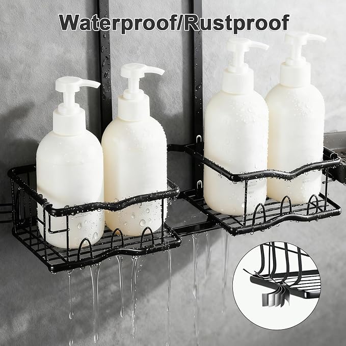 Shower Caddy Hanging Organizer, Rustproof Over Shower Head Caddy Holder with Hooks for Razor/Sponge, No Drilling Bathroom Racks Bath Storage Shelves for Shampoo Soap Towels, Black - Image 5