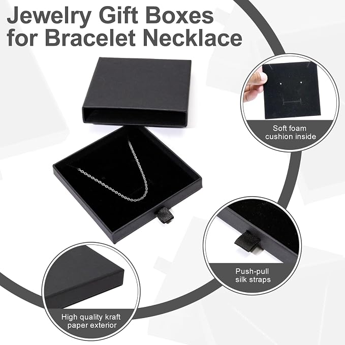 4 Pcs Jewelry Gift Box, 3.5×3.5x0.7Inch Cardboard Jewelry Boxes, Fancy Necklace Bracelet Earring Drawer Organizer Box, Kraft Empty Jewellery Boxes for Necklace Ring Earring Display Box(Black) - Image 3