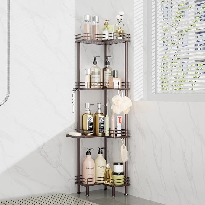 Consumest Corner Shower Caddy Standing - 4-Tier Stainless Steel Shower Organizer with Soap Holder and 4 Hooks, Large Capacity Corner Shelf Stand for Bathroom, Rest Room, Bronze by Consumest