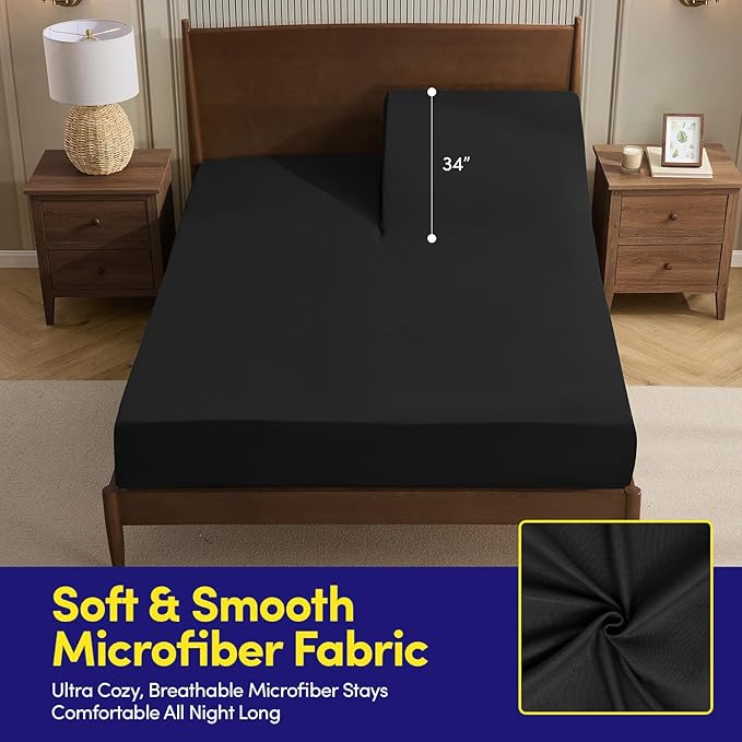 Split Head King Sheets Set for Adjustable Beds 4 Piece Flex Top Bed Sheets – Deep Pocket Split Top Fitted Sheet with Built-in Corner Straps, Luxury Soft Cooling Bedding, Wrinkle Resistant, Black