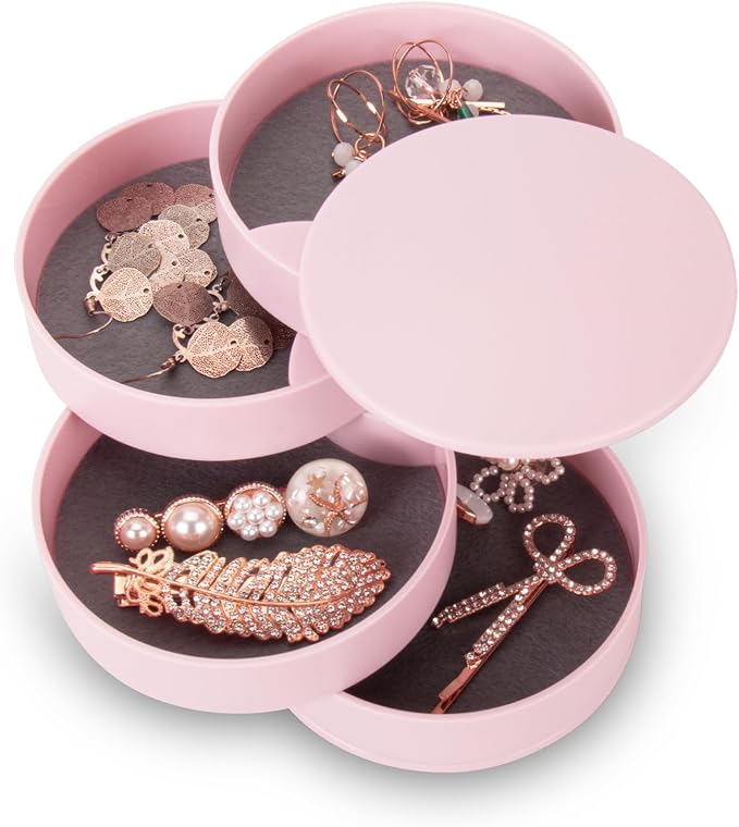 CONBOLA Jewelry Organizer, Small Jewelry Storage Box Earring Holder for Women, 4-Layer Rotating Travel Jewelry Tray Case with Lid for Bracelets Rings Bracelets, Gift for Women Teen Girls by CONBOLA