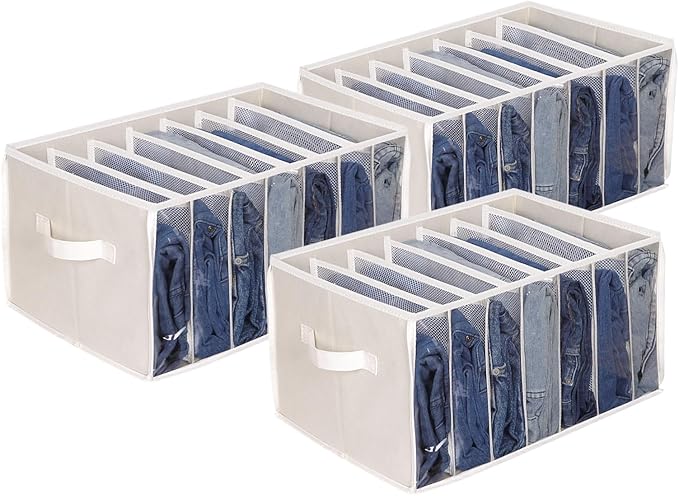Zilink Upgraded Wardrobe Clothes Organizer with Support Board Clear Jean Organizers for Closet with 7 Grids Divider Extra Large Sweater Organizer for Closet for Jean Pant Sweaters T-Shirt,3 Pack,Beige by Zilink