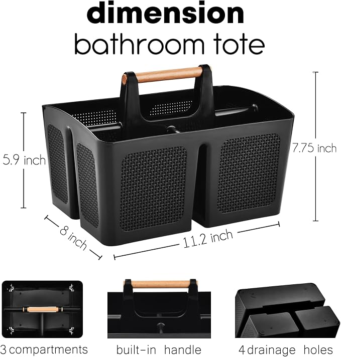 ALINK Portable Shower Caddy Basket with Compartments, Plastic Divided Cleaning Caddy Organizer Storage Tote with Handle for Bathroom, College, Dorm Room Essentials, Black - Image 2