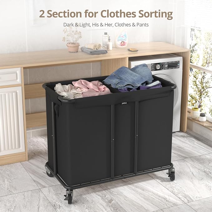 Hodonas Laundry Hamper with Wheels, 2-Section 230L (61Gal) Large Capacity, Heavy-Duty Rolling Clothes Basket with Silent Rubber Casters & Detachable Oxford Bags for Home, Black, 31.5"Lx15.75W"x30.7"H - Image 2