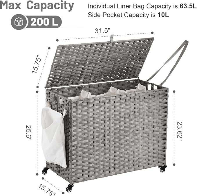 Laundry Hamper with Wheels, 52.8 Gallon(200L) Rolling Laundry Basket with Lid, 3-Section Rattan Clothes Hamper with 3 Removable Liner & 3 Mesh Bags, Laundry Sorter with Side Pocket, Grey - Image 4