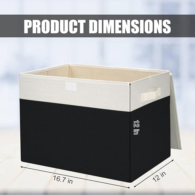 Bagnizer Large 42 Quarts Fabric Storage Bins with Lids [2-Pack] Linen Collapsible Foldable Baskets, Closet Organizer Containers boxes with Handles for Home Office (16.7 x 12 x 12, Black & White) - Image 2