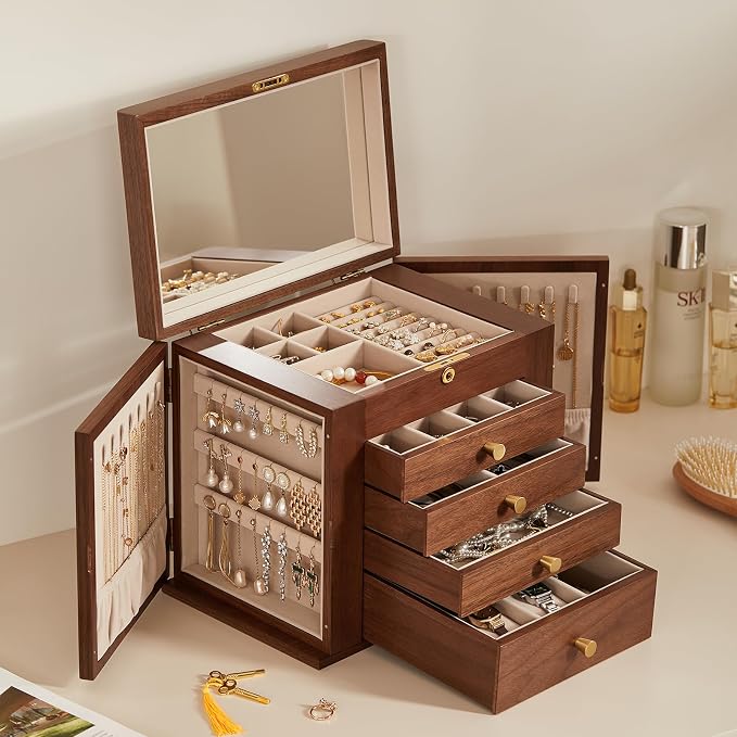 Black Walnut Wooden Jewelry Box, Wood Jewelry Organizer with 2 Side Doors Mirror Lockable Classical Style for Watch Necklace Ring Earring Storage Mothers Day Gifts for Mom-5 Layer by Homruilink