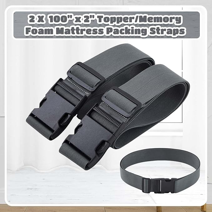 2 Pcs 100" x 2" Mattress Topper Straps Adjustable Memory Foam Packing Straps with Buckles for Home Mattress Moving or Storage, Dark Grey