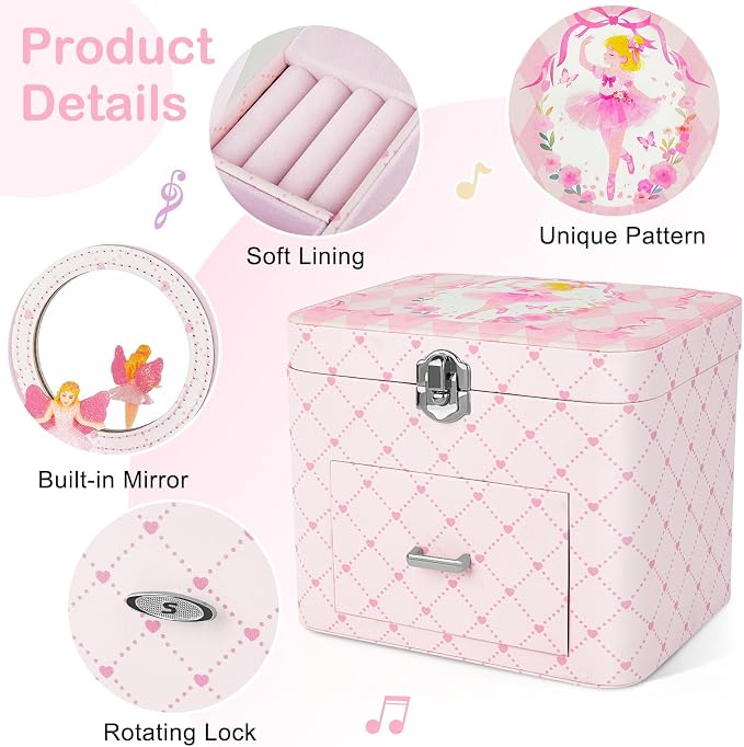 Basumee Musical Jewelry Box for Girls PU Leather Music Box with Drawer Large Kids Jewelry Organizer with Unicorn/Ballerina Jewelry Storage for Little Girls Ages 3–10, Birthday & Holiday Present - Image 4