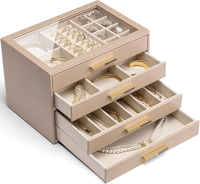 VLANDO 4 Layer Jewelry Box for Women, Mothers Day Gifts for Women, Glass Lid Jewelry Organizer with 4 Drawers for Necklaces Rings Earrings Bracelets - Toffee by VLANDO