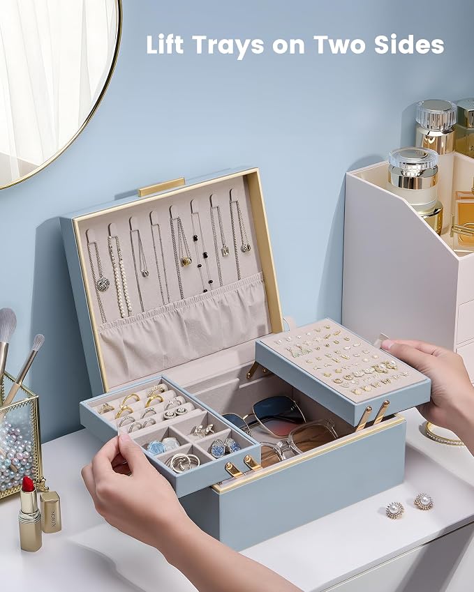 Lolalet Jewelry Box Organizer for Women Girls, 2 Layer Jewelry Organizers and Storage for Necklace Earrings Rings Bracelets, Large Jewellery Holder Case Birthday Mothers Day Gifts -HazeBlue - Image 2