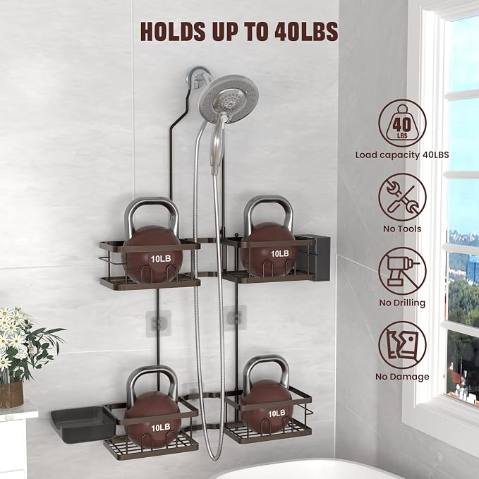 REINHARDT Adjustable Shower Caddy Hanging Rustproof Shower Caddy for Handheld Showerheads, Shower Organizer with Hooks Soap Holder, Anti-Swing Shower Rack Bathroom Accessories, Bronze - Image 3