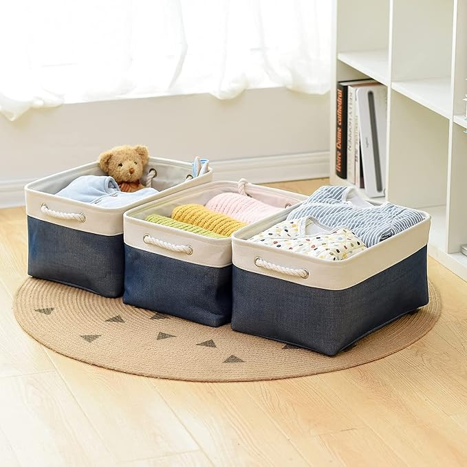 TheWarmHome Storage Bins for Shelves - 1 Pack 15.7x11.8x8.3 inch Fabric Storage Cubes, Storage Basket for Organizing Gift Laundry Cloth Toy Room (White & Jean Blue) - Image 4