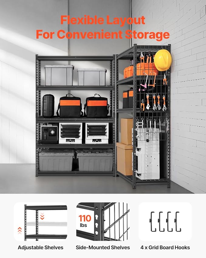 VEVOR Storage Shelves, 2500 lbs, 5 Tier Heavy Duty Garage Shelving, 18" D x 48" W x 72" H Adjustable Metal Shelves for Industrial Shelving Unit Utility Shelf, for Kitchen, Warehouse, Basement, Black - Image 5