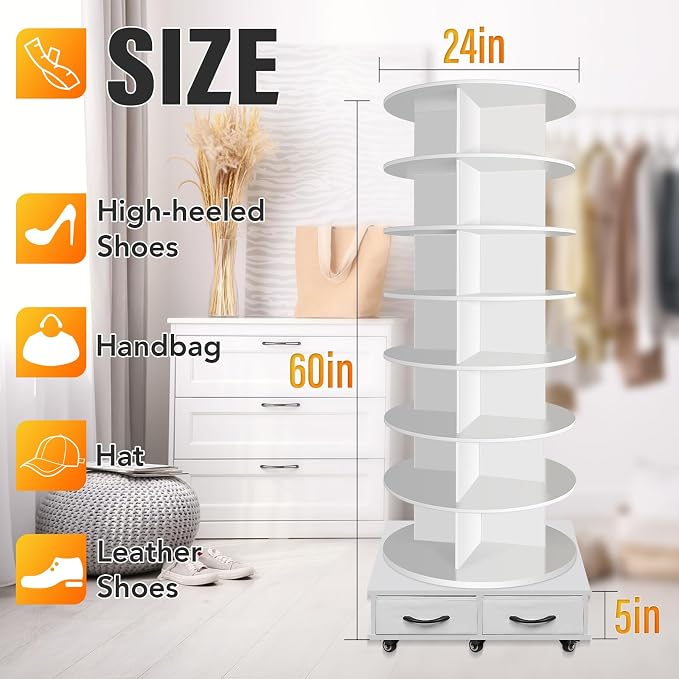 8 Tier Rotating Shoe Rack Tower contains 2 drawers, Spinning Shoe Rack Display Lazy Susan, Revolving 360 Shoe Racks Storage Round Carousel, Equipped with 5 Universal Wheels with Brake Function - Image 5