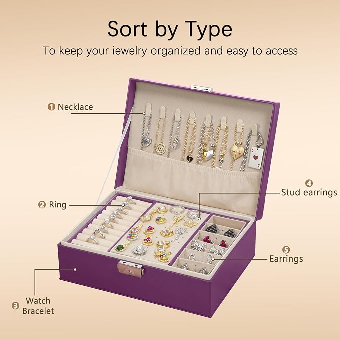 Homeanda Jewelry box 2 layer Jewelry box Leather Jewelry boxes for Women Girls Teens Jewelry organizer box Jewelry Storage box with lock(Purple) - Image 5