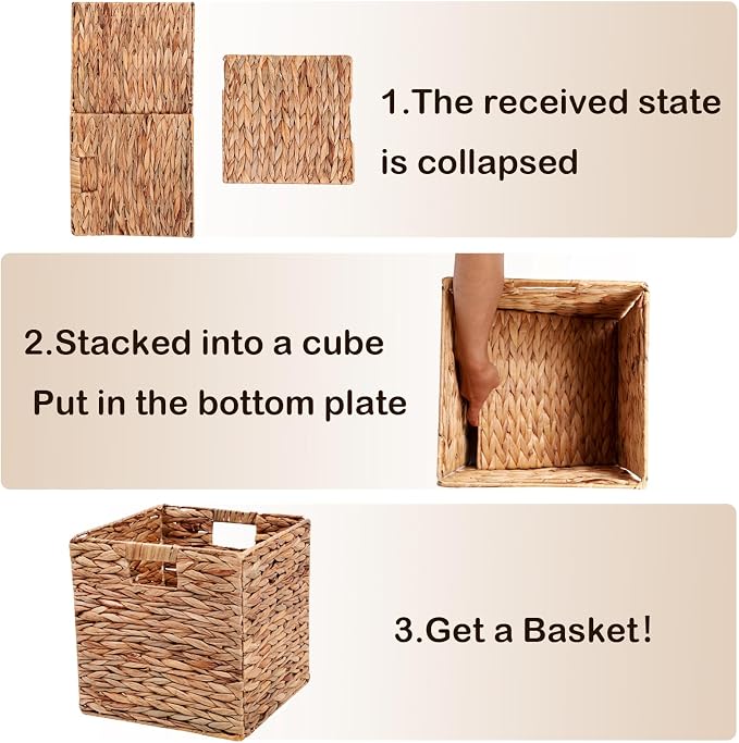 11x11in Wicker Storage Basket Set of 2 Collapsible Hyacinth Cube Storage Baskets,Storage Bins for Organizing Storage Basket with Built-in Handles - Image 4