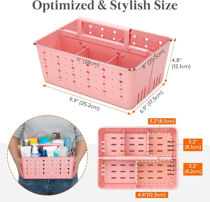 Lifewit Shower Caddy Portable, Cleaning Supplies Caddy Organizer with Handle and Adjustable Dividers, Plastic Shower Basket for Dorm Room Essentials, College, Bathroom, Pink, 1 Pack - Image 2