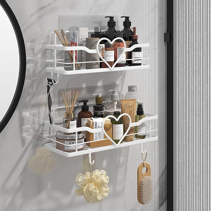 White Shower Caddy with 4 Removable Hooks, 2 Pack Sweet Heart Shower Shelves,No Drilling Adhesive Organizer Shelf for Bathroom Shower,Kitchen,Bedroom - Image 2