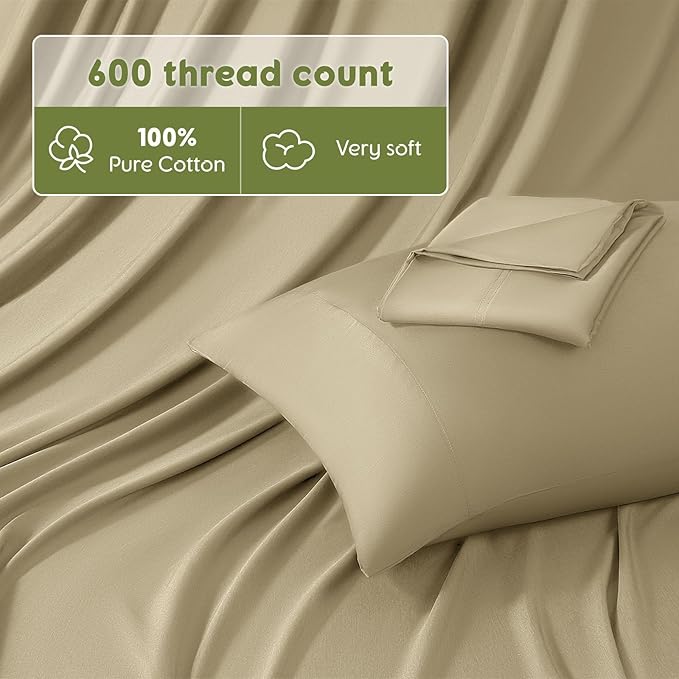 SONORO KATE 100% Egyptian Cotton Sheets Queen Size - 600 Thread Count, Luxury Hotel Sateen Weave Bedding Set, Soft Breathable Sheet Sets, 16" Deep Pocket - 4 PC(Linen,Queen)