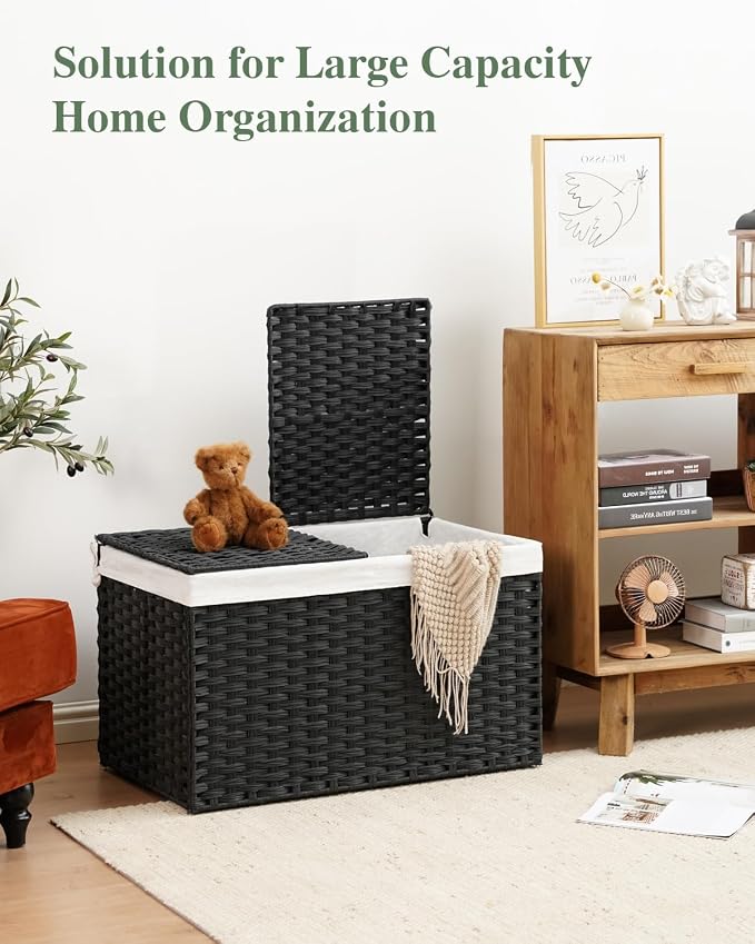 SETVSON Storage Basket with Lid Wicker Baskets for Storage with 2 Separate Lid 42.3 Gallon (160 L) 29.9 x 17.3 x 18.1 Inches Rattan Woven Large Wicker Basket with 2 Liners for Bedroom Laundry Black - Image 3