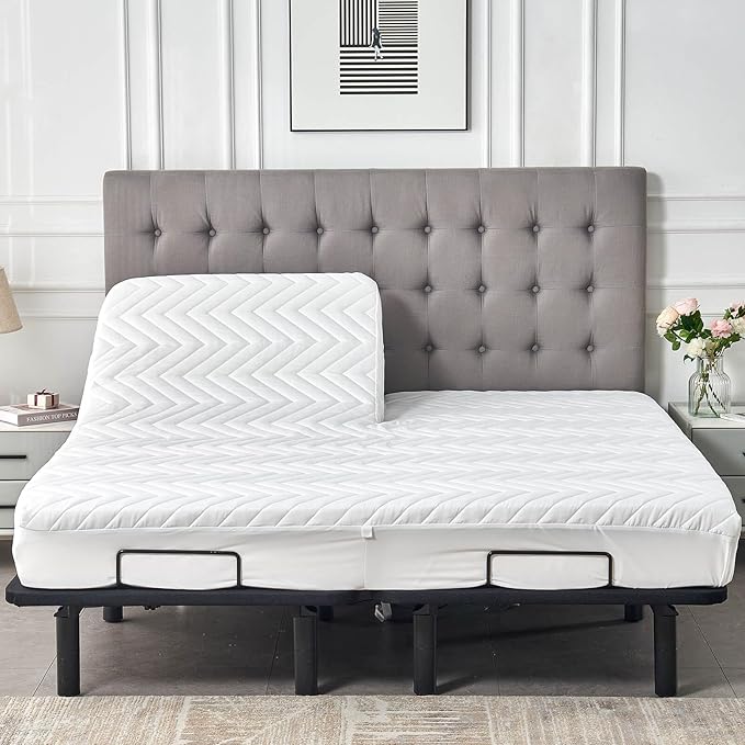 Kingnex Waterproof Quilted Split Top King Mattress Protector Pad for Adjustable Bed with Upper Flex Fitted Sheet Padded Mattress Cover 32-34 Split from Head