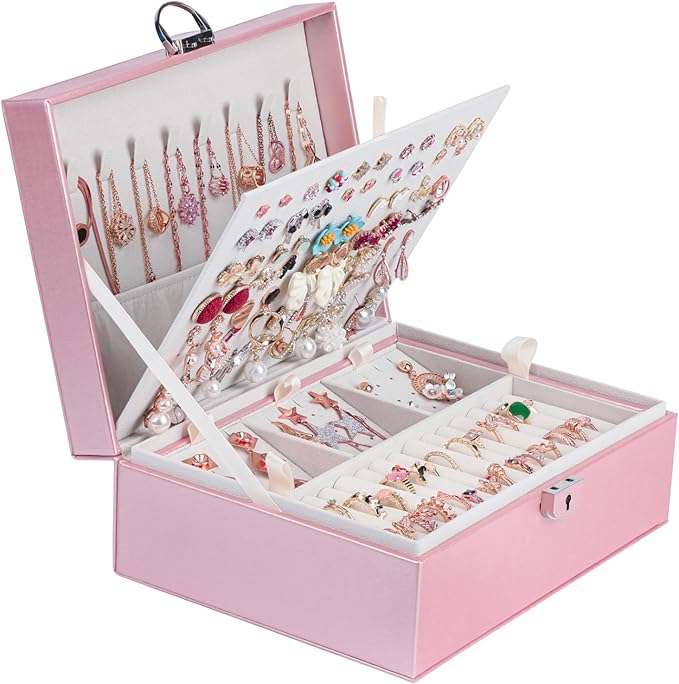 BOOVO Earring Jewelry Box For Women Girl Stud Organizer, 4 Layers Girl Jewelry Organizer Box With Lock Earring Holder Organizer Necklace Ring Jewelry Organizer Box For Girls (Rose Gold, 4 layer) by BOOVO