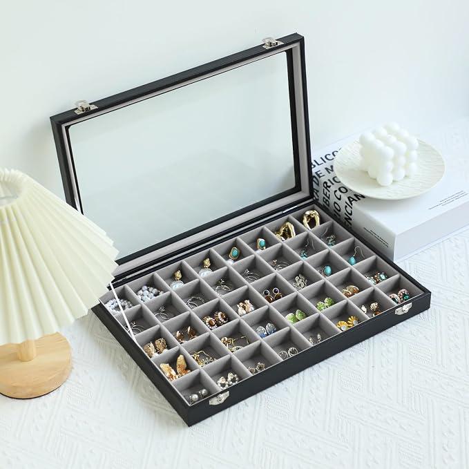 Stratalife Jewelry Organizer 40 Grid Gray Black Jewelry Tray with Clear Dust-proof Lid Velvet Earring Organizer Necklace Rings Holder Display Drawer Storage Case for Women - Image 5