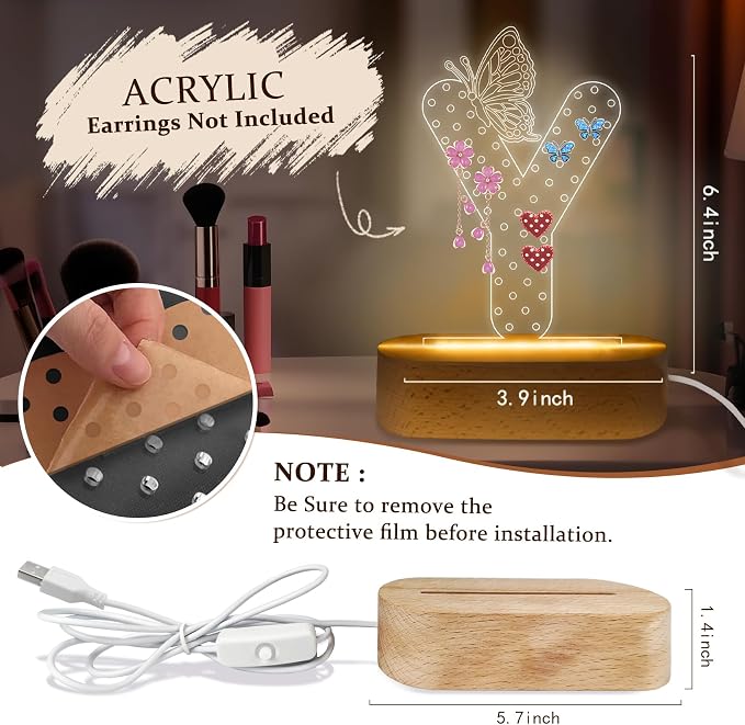 COSHAYSOO Earring Holder Organizer for Teen Girls with Butterfly Decorations LED Night Light USB Plug In, Initial Letter Earring Rack Vanity Dresser Table Accessories Letter Y - Image 2