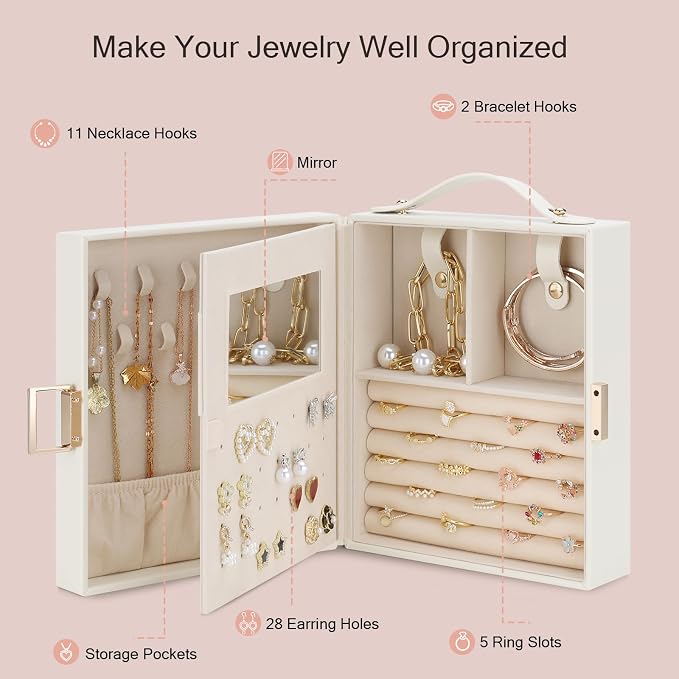 DesignSter Travel Jewelry Case for Woman, Portable Jewelry Travel Box with Mirror, PU Leather Small Jewelry Organizer with Handle for Rings Earrings Bracelets Necklaces(Beige & Pink) - Image 2