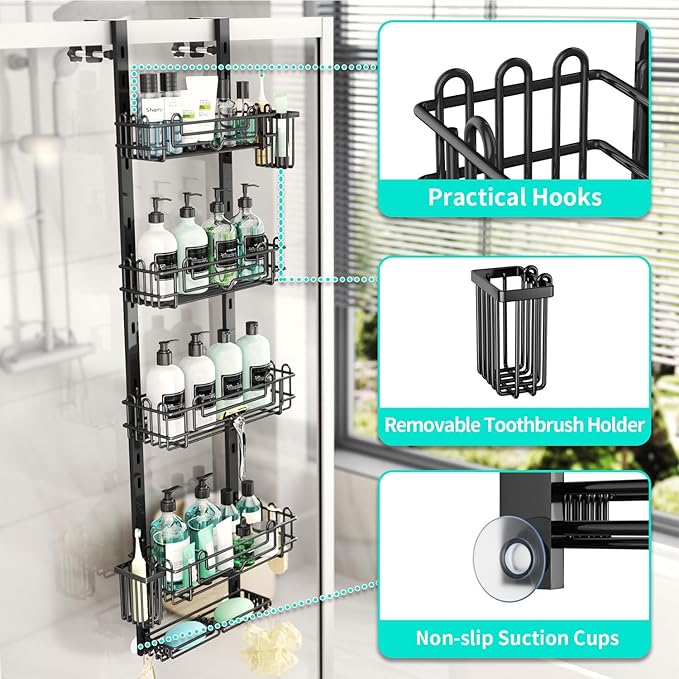 HapiRm 5 Tier Over the Door Shower Caddy, Hanging Shower Caddy with 28 Hooks and 2 Toothbrush Holders, No Drilling Adjustable Hanging Bathroom Organizer - Black - Image 3
