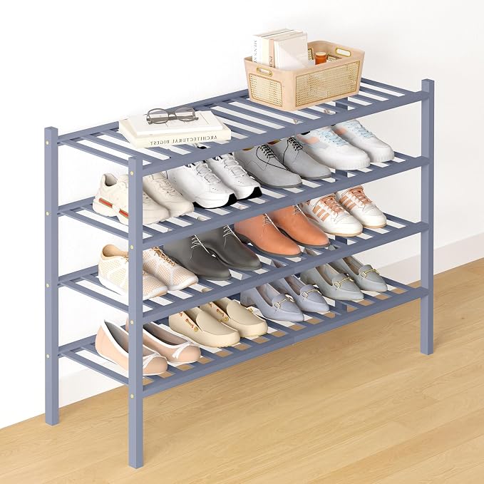 Smiry Bamboo Shoe Rack for Closet, 4 Tier Long Wooden Stackable Shoe Organizer, Free Standing Shoes Storage Shelf for Entryway, Front Door Entrance, Grey by Smiry