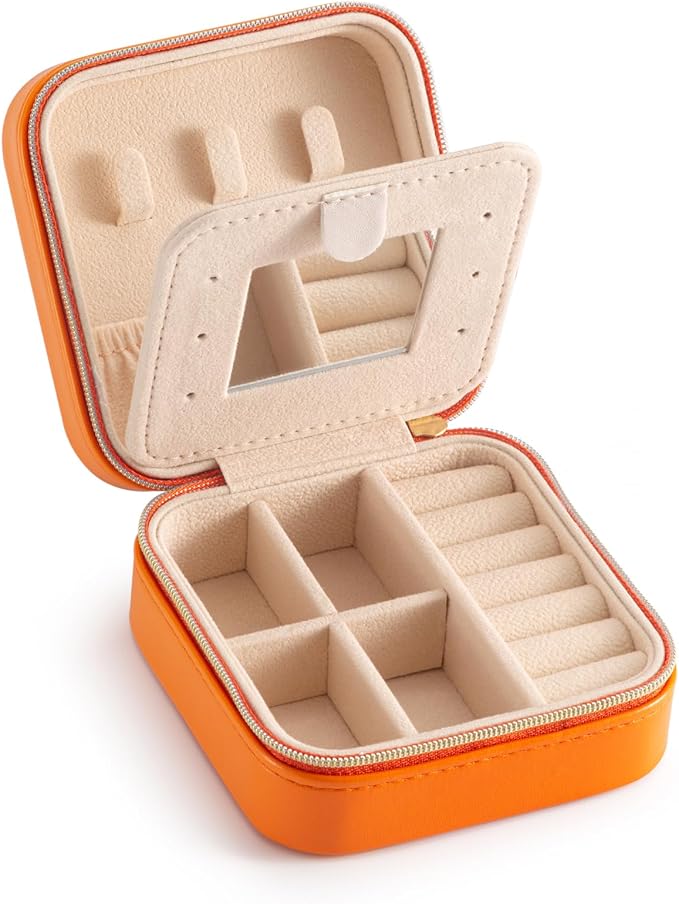TRODANCE Jewelry Travel Case with Mirror,Small Travel Jewelry Organizer, Portable Jewelry Box Travel Mini Organizer Portable Display Storage Box for Rings Earrings Necklaces (Orange) by TRODANCE
