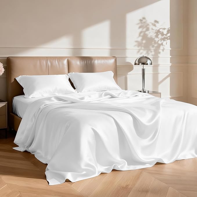 Love's cabin California King Satin Sheet Sets - 4 Piece White Silky Sheets Bed Set with Deep Pocket, Luxury Silk Feel Satin Cal King Sheet Set (1 Flat Sheet,1 Fitted Sheet,2 Pillow Cases)