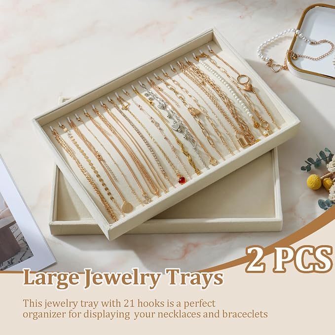 Large Velvet Jewelry Tray 2 Pack Stackable Jewelry Display Drawer Inserts Trays Organizer for Earring Bracelet Necklace Ring (Beige, 20 Hooks) - Image 2