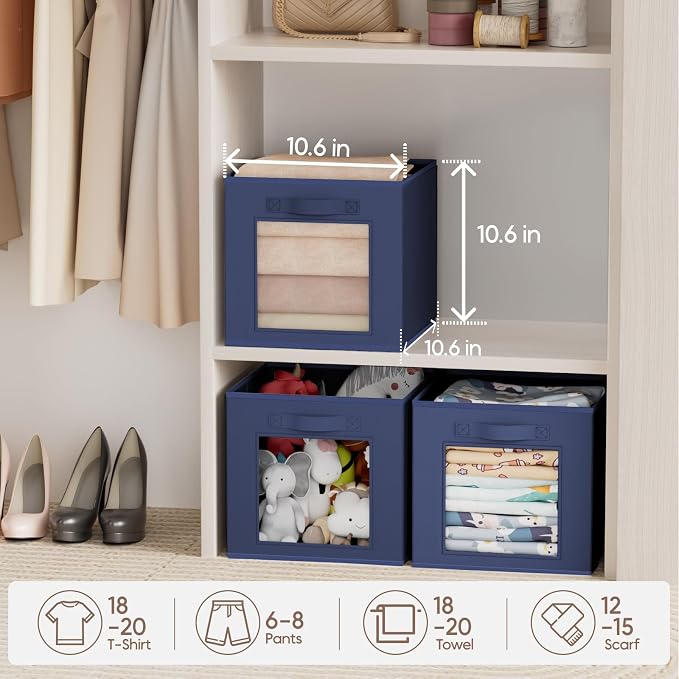 Homsorout Storage Cube 11 Inch - Cube Storage Bins with Window, Closet Storage Baskets with Handle, Fabric Bins for Closet, Shelves, Toys, Clothes, Set of 16, Navy Blue - Image 4