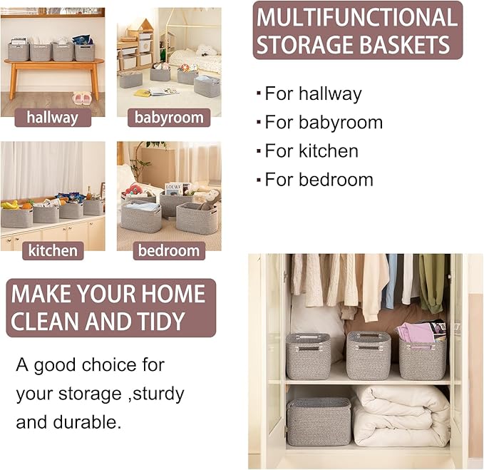 OIAHOMY 4 Pack Storage Baskets for Organizing, Cube Storage Bins for Shelves, Rectangle Storage Baskets With Handles, Woven Baskets for Storage, 12.7''Lx9''Wx7.8''H, Grey - Image 6