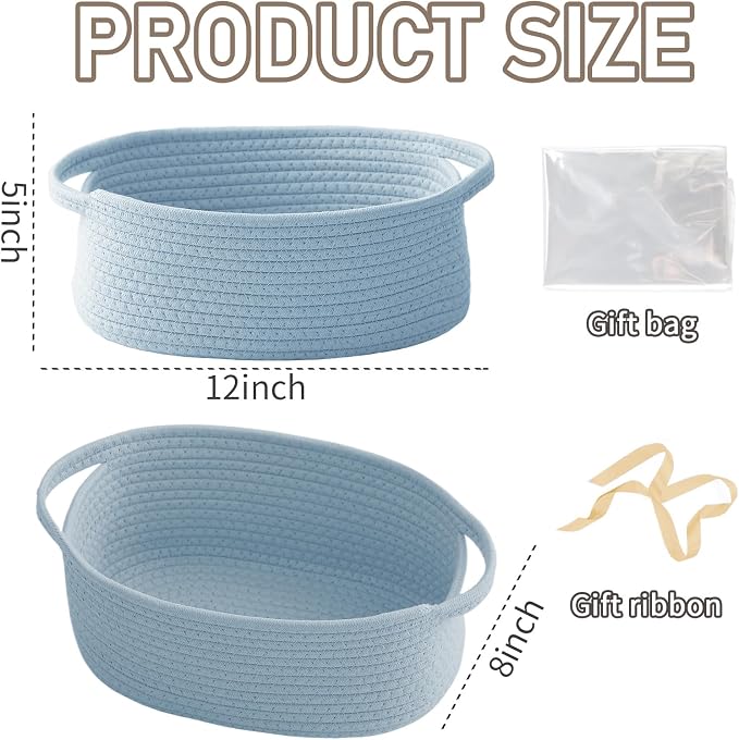 JMvicyroam Woven Basket,Small Rope Storage Bin with Handles & Ribbon Bag, Organizer for Shelves Closets,Gift Basket Empty for Birthday,Books,Dog Toys, Blue - Image 2