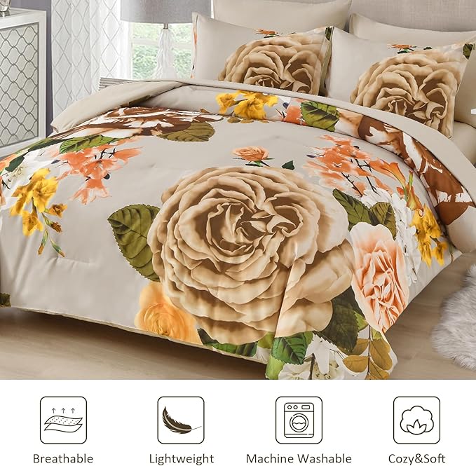 Drucon Brown Floral Comforter Set Queen, 7 Pieces Bed in a Bag Botanical Floral Comforter Soft Microfiber Brown Bedding Set Queen Size Bed with Sheet and Pillowcase