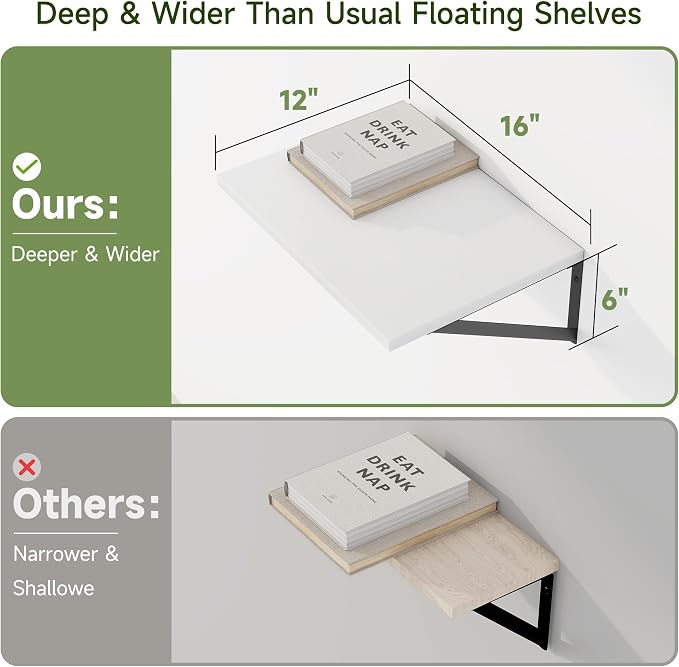 Heimlove 12 Inch Deep Floating Shelves for Wall, 16W x 12D Wide White Floating Shelves Heavy Duty Wall Mounted Shelves, Wood Wall Shelves for Living Room Bedroom Bathroom Kitchen- Set of 4 - Image 3