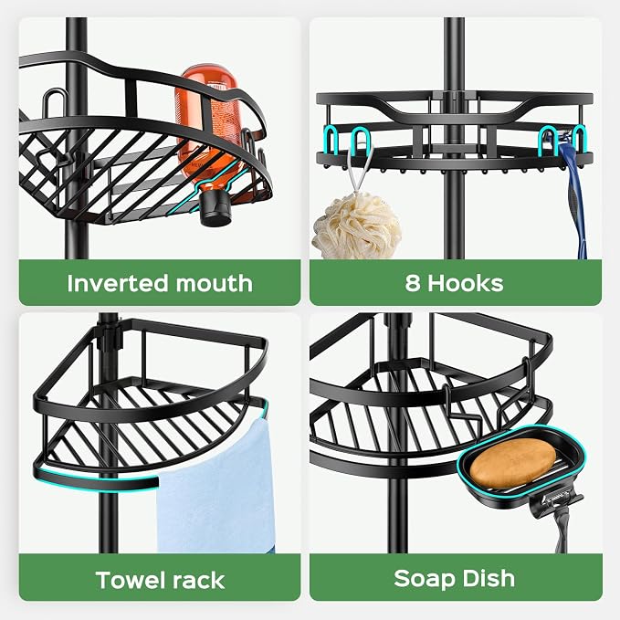 HAMITOR Shower Caddy Tension Pole: Rustproof Quick Install Corner Bathroom Organizer Shelf on Floor for Renters - 4-Tier Large Capacity Storage Rack with Soap Holder for Apartment -47-121 Inch/Black - Image 3