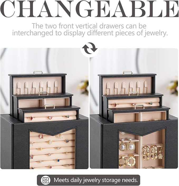 Homde Jewelry Organizer with Transparent Window Necklace Hooks Gift for Women Jewelry Box Display Case for Necklaces Rings Earrings Bracelets and Other Jewelry Accessories (Black + Gold) - Image 3
