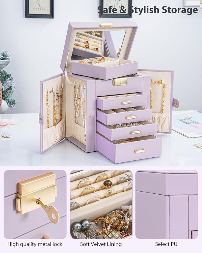 AKOZLIN 5-Tier Jewelry Box Leather Jewelry Storage Organizer with 4 Drawers Lockable for Women Girls Ring Necklace Earring Bracelet Watches Holder with Mirror Purple - Image 6