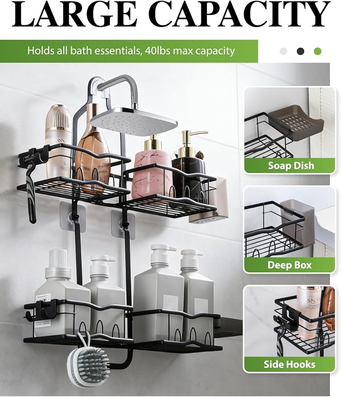 Shower Caddy Hanging – Rustproof Shower Organizer Hanging for Inside Shower – Over the Showerhead Rack with Soap Holder & Razor Hooks, No Drilling Bathroom Shower Shelves and Storage, Black - Image 4
