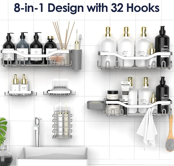 NESOMI Shower Caddy Adhesive Shower Organizer 8-Pack, Rustproof Stainless Steel Bathroom Shelves, Large Capacity No-Drill Rack Storage Accessories with Soap Dish Toothbrush Holder Hooks - Image 4