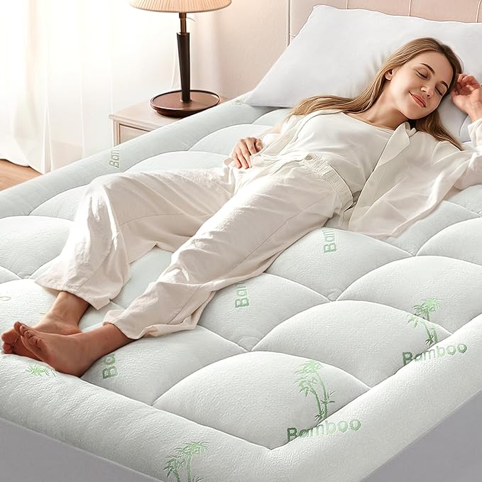 Anluoer Memory Foam Mattress Topper Queen, Rayon Derived from Bamboo Pillow Top Mattress Topper for Back Pain Relief, Cooling Soft Mattress Pad with 8-21" Deep Pocket, 60x80 Inches, White