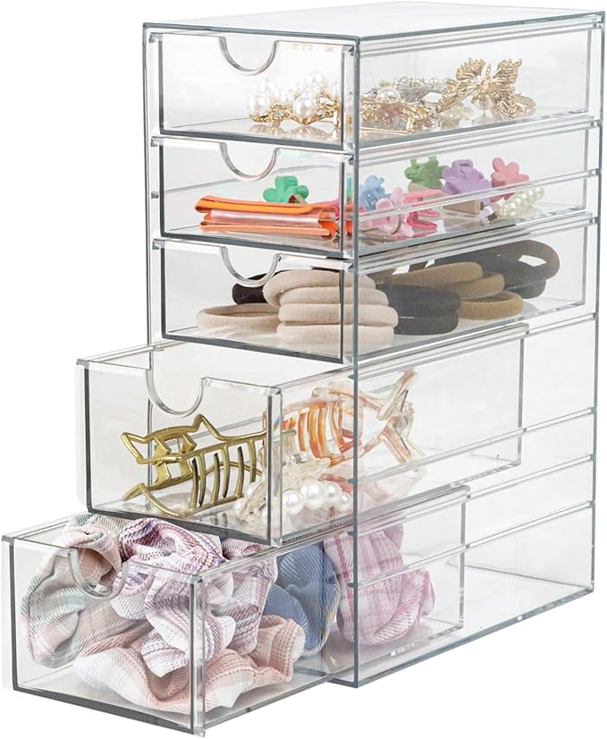 Plastic Drawer Storage with 5 Different Sizes Drawers, Clear Light Gray Hair Accessories Organizer, Transparent Dresser Bathroom Organizer by Fordonral