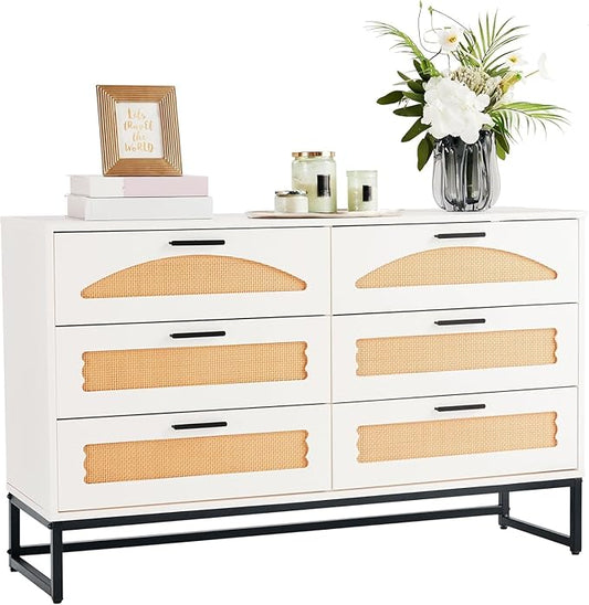Mericonia 6 Drawer Double Dresser for Bedroom, Rattan Chest of Dressers, Modern Wooden Dresser Chest with Metal Frame for Bedroom, Living Room, Hallway and Entryway, White