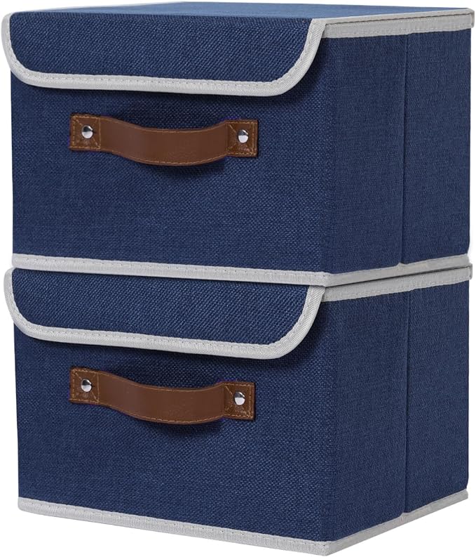 ANMINY 2PCS Storage Bin with Lid Storage Boxes with PU Leather Handles PP Plastic Board Decorative Foldable Lidded Cotton Linen Fabric Home Cubes Baskets Closet Organizer Container - Blue, Medium by ANMINY